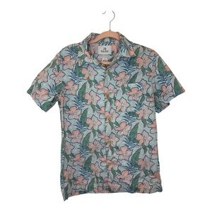 28 Palms Men’s Hawaiian Shirt Pink Blue Floral Button Down Resort Vacation Small